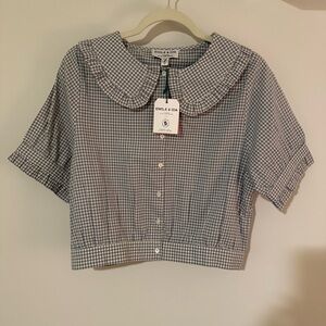 EMILE & IDA Gingham Button-Up Shirt in Light Gray and White NWT